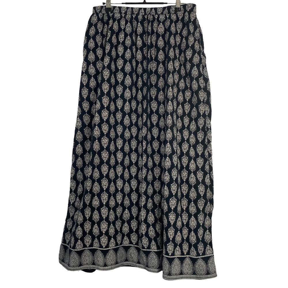 Garnet Hill Black and Ivory 100% Organic Cotton Medallion Gauze Boho Maxi Skirt